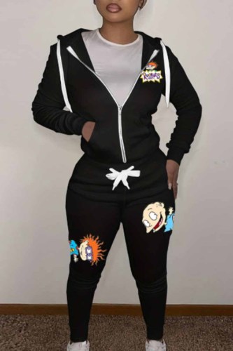 Casual Character Print Patchwork Hooded Collar Long Sleeve Two Pieces