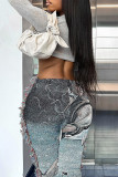 Street Print Tassel Patchwork O Neck Long Sleeve Two Pieces