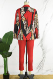 Elegant Print Patchwork With Belt Turn-back Collar Long Sleeve Two Pieces