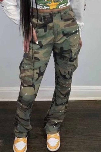 Street Camouflage Print Letter High Waist Straight Bottoms