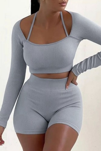 Casual Solid Patchwork Halter Long Sleeve Two Pieces
