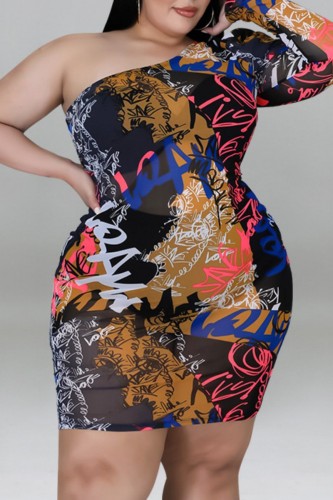 Sexy Print Backless Oblique Collar Plus Size Dresses