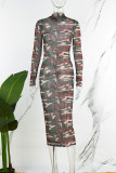 Casual Camouflage Print See-through Half A Turtleneck Long Sleeve Dresses