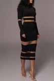 Casual Solid Patchwork See-through Half A Turtleneck Long Sleeve Dresses