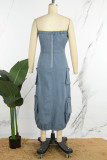 Street Solid Patchwork Pocket Zipper Strapless Sleeveless High Waist Straight Denim Dresses
