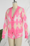 Casual Patchwork Buttons V Neck Long Sleeve Two Pieces