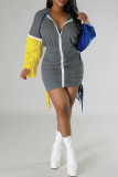 Casual Patchwork Fold Contrast Zipper Hooded Collar Long Sleeve Dresses