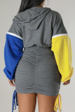 Casual Patchwork Fold Contrast Zipper Hooded Collar Long Sleeve Dresses