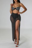 Sexy Patchwork Hot Drilling See-through Backless Slit Spaghetti Strap Sleeveless Two Pieces