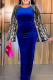 Elegant Solid Sequins Patchwork Zipper O Neck Long Dress Plus Size Dresses