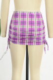 Street Plaid Patchwork Draw String Strapless Sleeveless Two Pieces