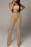 Celebrities Solid Hollowed Out Patchwork Straight High Waist Straight Solid Color Bottoms