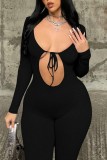 Sexy Casual Solid Hollowed Out Frenulum O Neck Skinny Jumpsuits