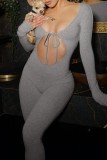 Sexy Casual Solid Hollowed Out Frenulum O Neck Skinny Jumpsuits