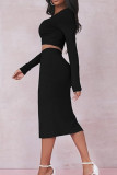 Casual Solid Patchwork High Opening U Neck Long Sleeve Two Pieces