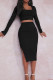 Casual Solid Patchwork High Opening U Neck Long Sleeve Two Pieces