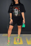 Daily Print Skull Patchwork O Neck T-Shirts