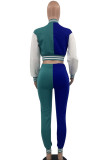Casual Elegant Color Block Patchwork Pocket Buckle O Neck Long Sleeve Two Pieces