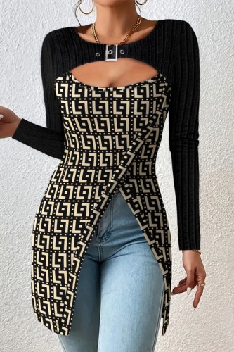 Casual Print Hollowed Out Patchwork Slit O Neck Tops