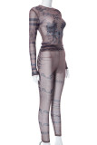 Street Print Patchwork Mesh O Neck Long Sleeve Two Pieces