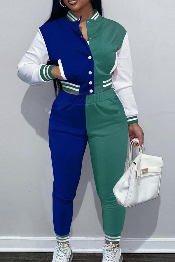 Casual Elegant Color Block Patchwork Pocket Buckle O Neck Long Sleeve Two Pieces