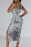 Sexy Elegant Solid Sequins Patchwork High Opening Zipper Spaghetti Strap Evening Dress Dresses