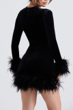 Celebrities Solid Patchwork Feathers O Neck One Step Skirt Dresses