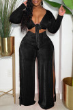 Sexy Casual Solid Frenulum Slit V Neck Plus Size Two Pieces