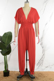 Casual Solid Patchwork Draw String V Neck Loose Jumpsuits