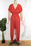 Casual Solid Patchwork Draw String V Neck Loose Jumpsuits