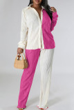 Casual Color Block Patchwork Buckle Turndown Collar Long Sleeve Two Pieces