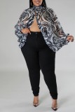 Sexy Casual Print See-through Slit Turtleneck Plus Size Tops