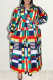 Casual Print Patchwork Buckle With Belt Pleated Turndown Collar A Line Plus Size Dresses（Belt Included）