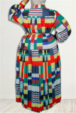 Casual Print Patchwork Buckle With Belt Pleated Turndown Collar A Line Plus Size Dresses（Belt Included）