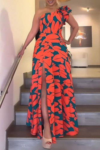 Sexy Casual Print Backless Slit Oblique Collar Long Dress Dresses