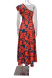 Sexy Casual Print Backless Slit Oblique Collar Long Dress Dresses