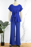 Casual Solid Basic With Belt O Neck Plus Size Two Pieces