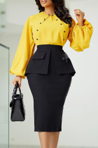 Elegant Patchwork Patchwork Pocket Buckle O Neck Long Sleeve Two Pieces