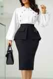 Elegant Patchwork Patchwork Pocket Buckle O Neck Long Sleeve Two Pieces