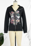 Casual Print Patchwork Zipper Hooded Collar Outerwear