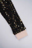 Street Solid Sequins Patchwork Draw String Zipper O Neck Long Sleeve Two Pieces