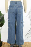 Casual Solid Patchwork High Waist Straight Denim Jeans