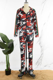 Casual Print Patchwork Zipper Turndown Collar Long Sleeve Two Pieces