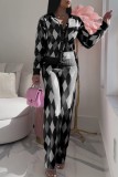 Casual Patchwork Cardigan Pants V Neck Long Sleeve Two Pieces