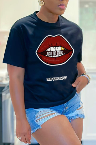 Street Daily Lips Printed Letter O Neck T-Shirts