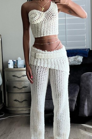 Casual Solid Hollowed Out Backless One Shoulder Sleeveless Two Pieces