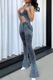 Sexy Solid Patchwork Draw String Pocket V Neck Sleeveless Two Pieces