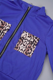 Casual Leopard Patchwork Zipper Collar Long Sleeve Two Pieces