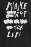 Casual Street Print Draw String Letter Hooded Collar Tops