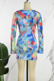 Casual Print Hollowed Out Frenulum V Neck Long Sleeve Dresses